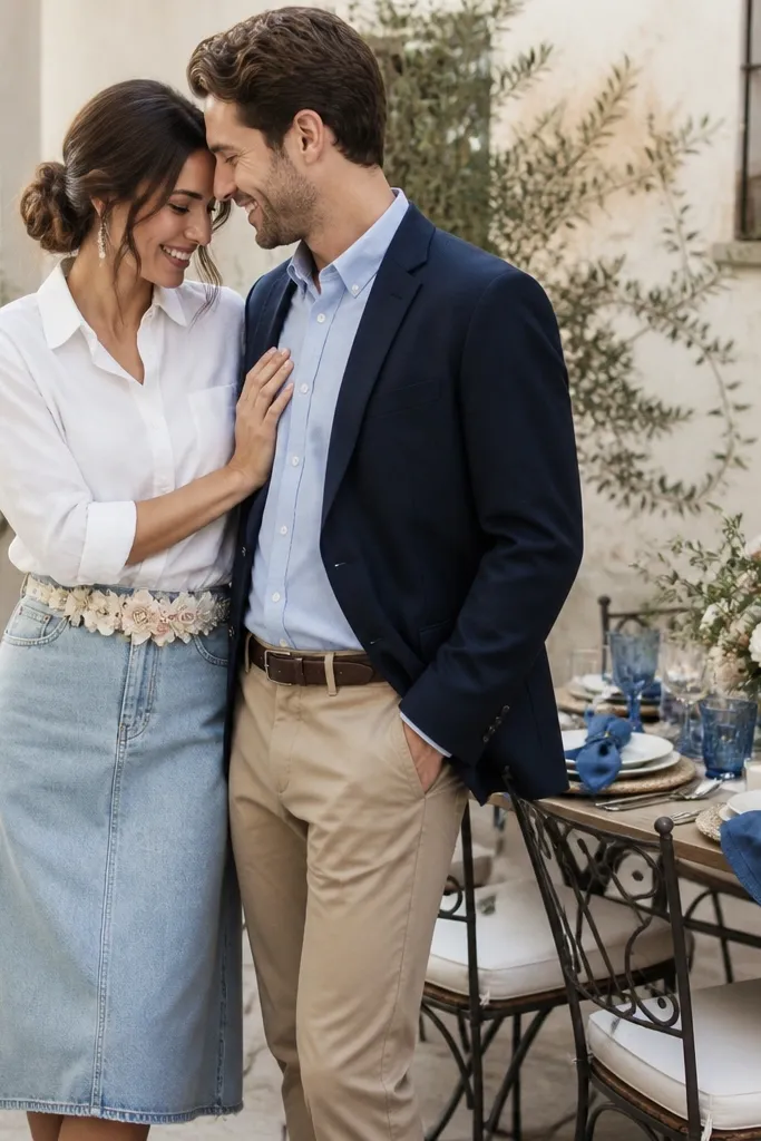 Bride wears a white blouse tucked into a light denim midi skirt. She has a floral belt in cream and blush. Groom wears a light blue button-down and dark denim jacket? - no, a navy blazer with tan trousers. A small patio area has denim-blue napkins.