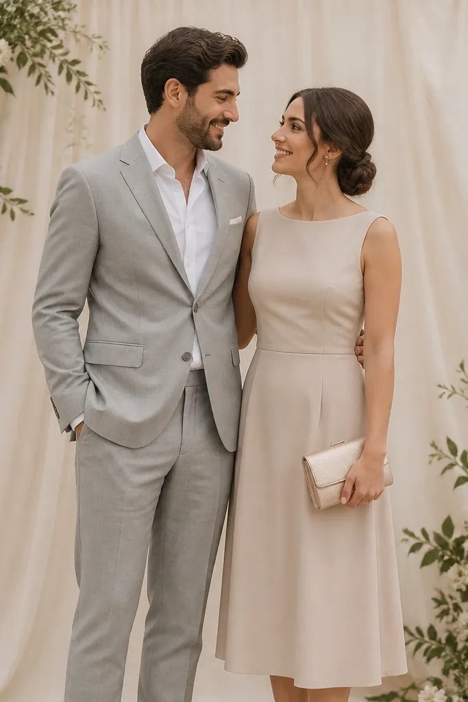 Bride wears a matte beige midi dress with a simple neckline and a rose gold shimmer clutch. Groom wears a light gray suit with a white shirt. A compact ceremony backdrop uses cream fabric with minimal greenery.