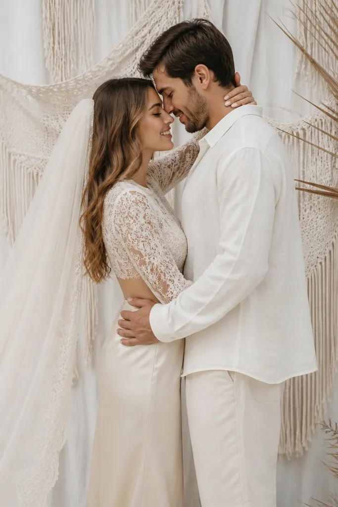 Bride wears an all-cream look: an ivory lace top, cream satin skirt, and a long cream veil. Groom wears an off-white linen shirt and cream trousers. The ceremony backdrop is white fabric with textured macramé-like fringe.