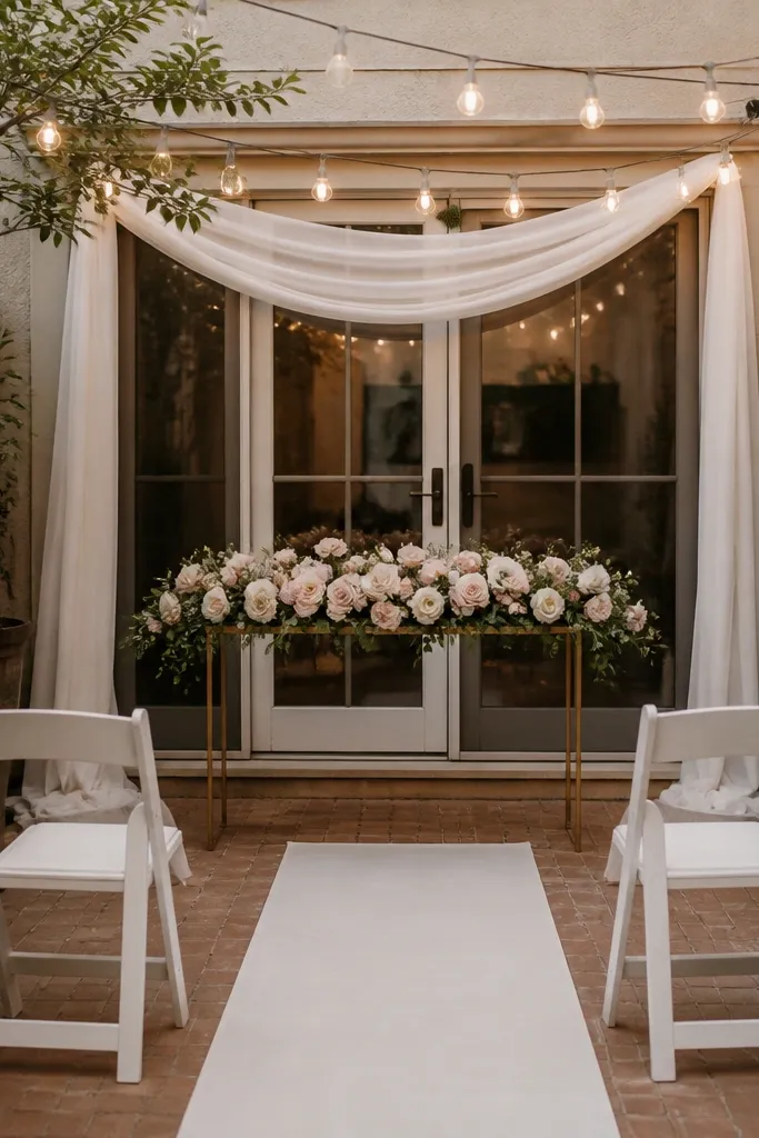 A small backyard ceremony setup: two white folding chairs facing a couple's spot framed by a patio door. A slim low floral arrangement in blush and cream sits on a narrow stand, with a sheer white fabric swag draped above. Warm string lights hang overhead, and a simple white runner marks the aisle.