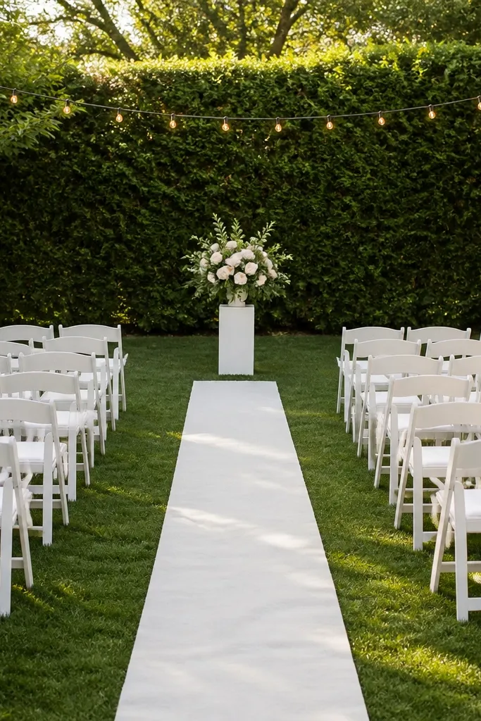 A neat backyard lawn layout with two rows of white chairs facing a simple couple marker. The aisle is a narrow strip of light-colored fabric, and a small greenery-and-rose arrangement sits on a short pedestal. The yard has even spacing between chairs, and the background is a hedge and string lights.