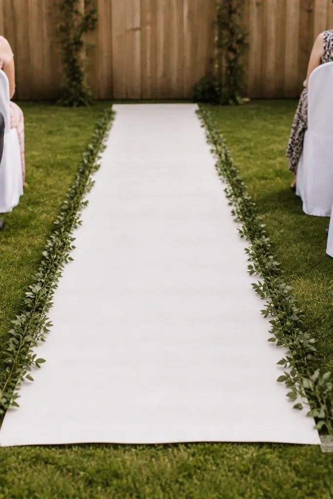 A small backyard aisle runner made of soft white fabric lies flat across grass. Clear patches of double-sided tape hold the edges down, and the runner is bordered by two thin lines of greenery. Guests sit on chairs with white covers, and the background is a wooden fence.