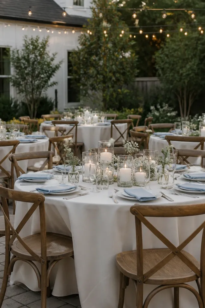 A backyard reception on a patio with pavers. Tables are covered in two linen tones: ivory tablecloths and dusty blue napkins. Small bud vases with baby's breath and greenery sit on each table. A low candle line runs down the center, and string lights hang overhead.