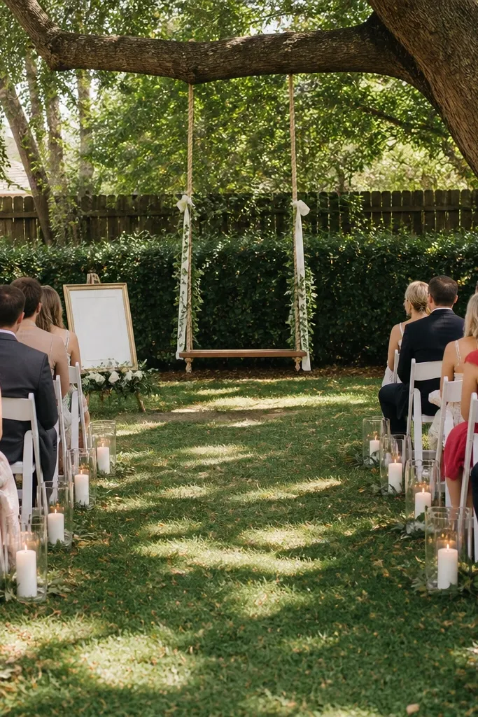 A backyard ceremony spot under a tree. A tree swing is decorated with a simple white ribbon and greenery. A small sign frame stands on the ground with tasteful lettering. Guests sit on white chairs, and the aisle is lined with candles in glass jars.