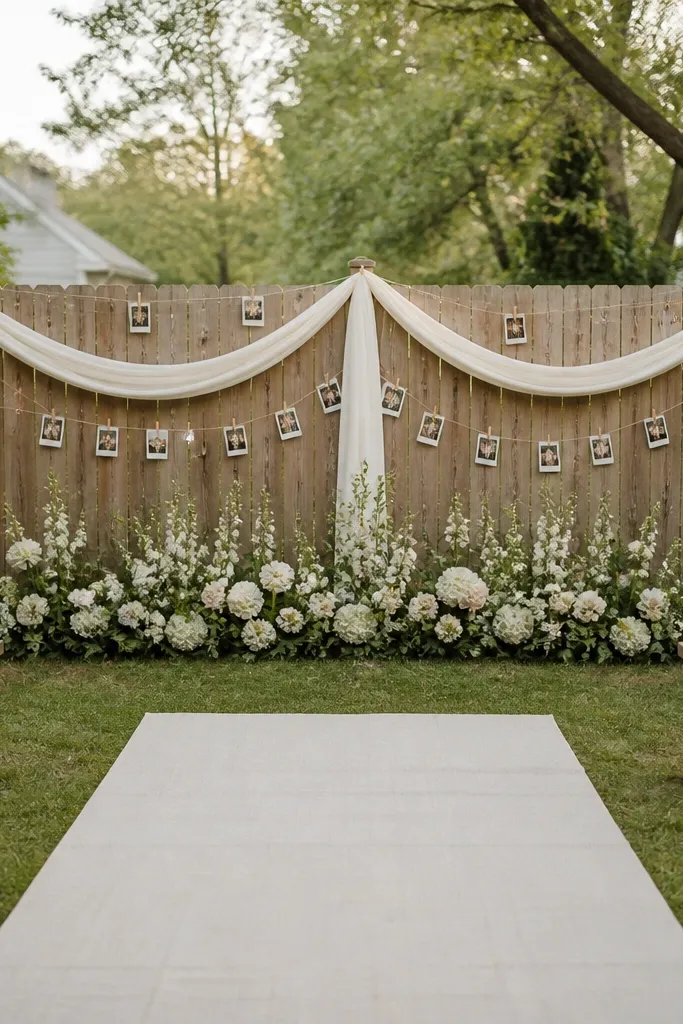 A short backyard fence with a backdrop made of clear photo clip string. Small framed photos and cream fabric swags hang along the fence. The ceremony spot is in front of the fence with a low floral arrangement and a minimalist aisle runner.