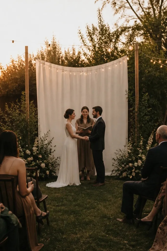 A small backyard ceremony during sunset. Off-white drapes hang from two poles, creating a soft curtain behind the couple. There are only a few flower clusters - mostly greenery with small white blooms. Guests sit in a semi-circle facing the drapes, with string lights starting to glow.