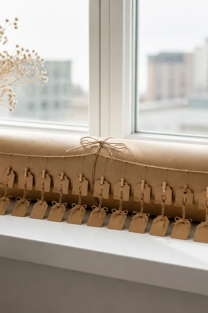 On a bright apartment window sill, a roll of kraft paper tied with twine sits in the center with small numbered tags clipped along the edge. Tiny date tags hang from the twine, each tag tied in a neat bow.