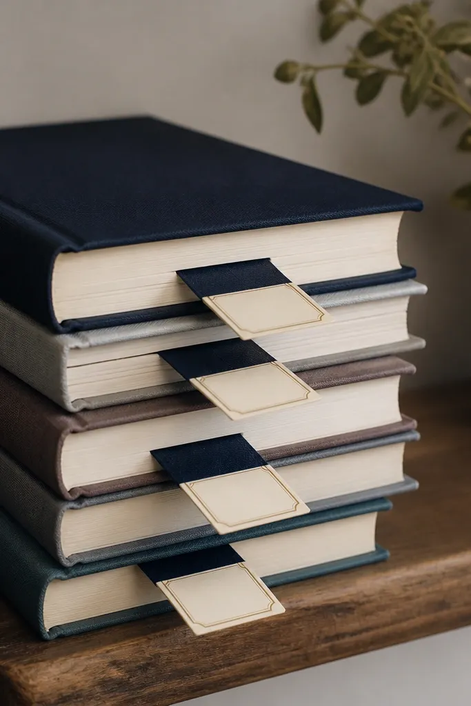 A stack of hardback books on a small shelf. Between the books, several bookmarks with the couple's date are placed like page markers. The bookmarks are deep navy with a cream label.
