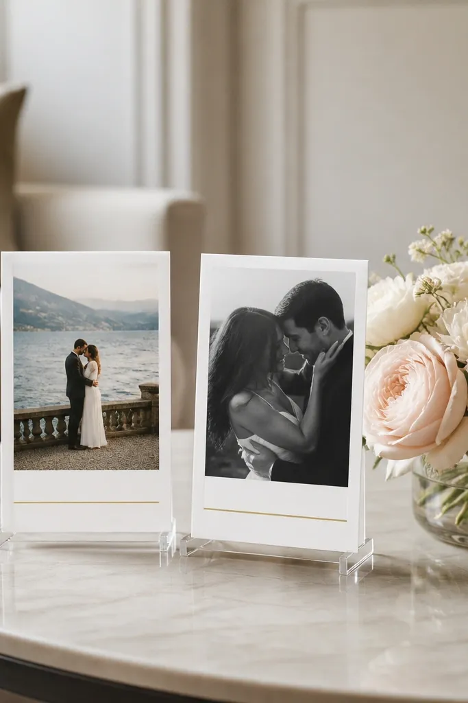 A small coffee table with two acrylic stands holding upright save-the-date cards. The cards have a gold date line and sit beside a low bouquet in a short glass vase.