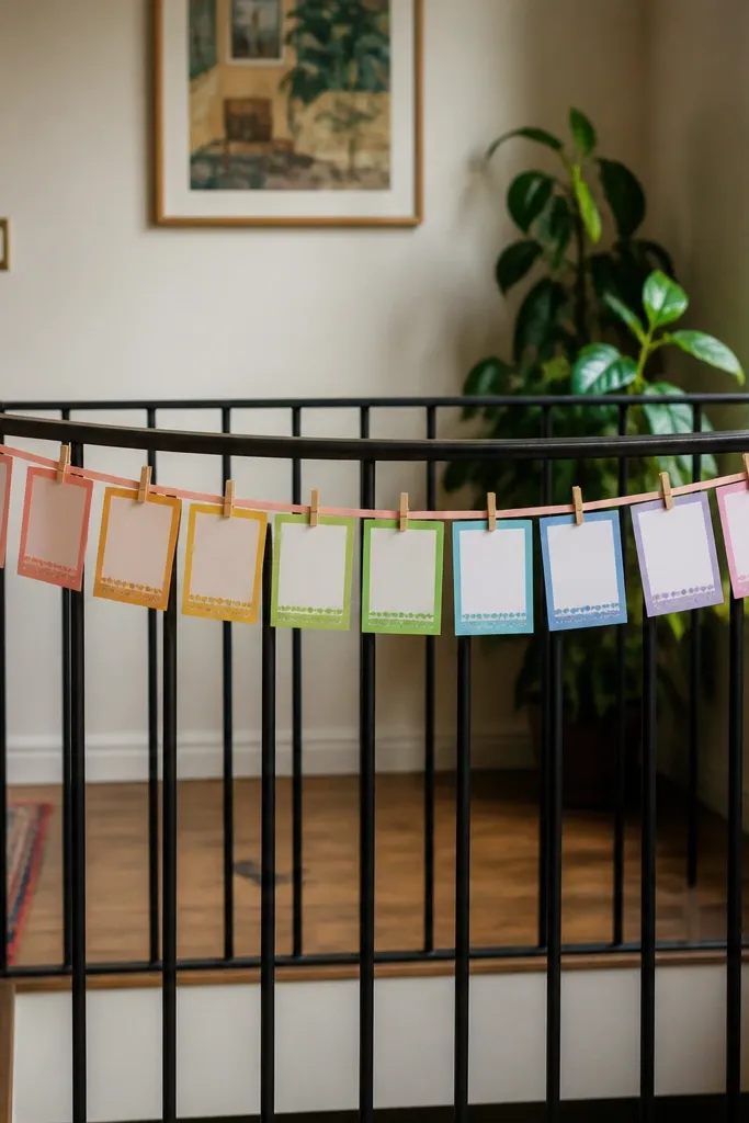 A small apartment landing has a ribbon stretched across a railing. Several small date cards hang from the ribbon with clothespins, each card in a matching color scheme.