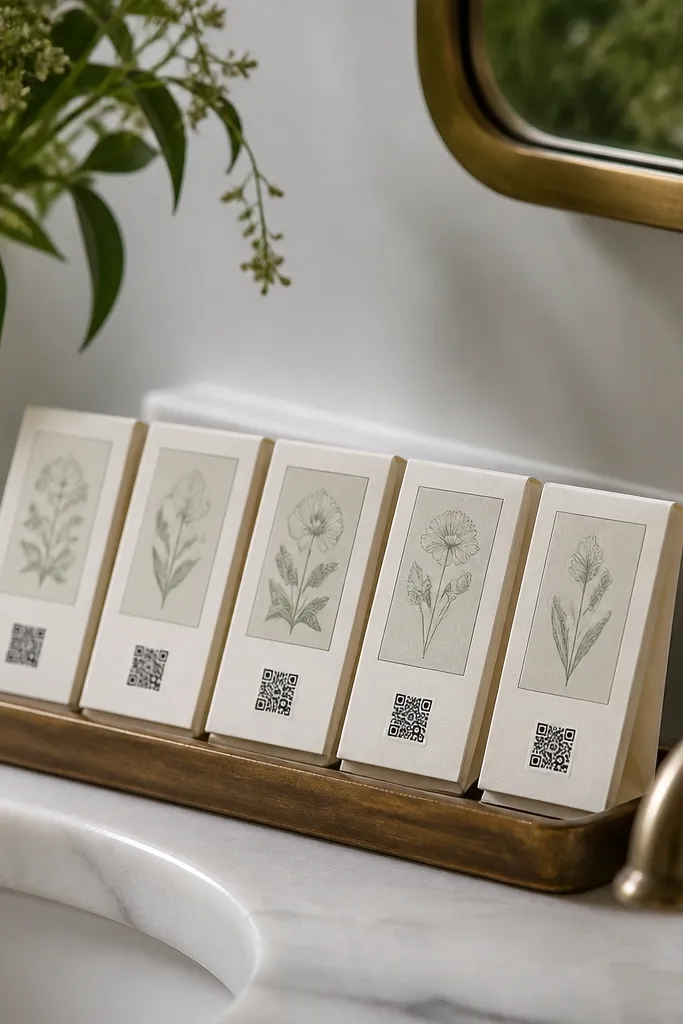 On a bathroom sink tray, several matchbook-shaped paper holders sit in a row. Each matchbook is cream with a printed date panel and a tiny RSVP QR code sticker near the bottom.