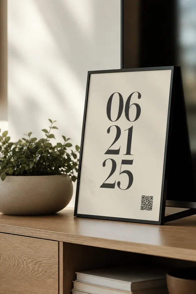 A TV stand with a slim framed card leaning against the TV. The card has a large date in bold typography and a small QR code in the corner. A low plant sits beside it in a ceramic pot.
