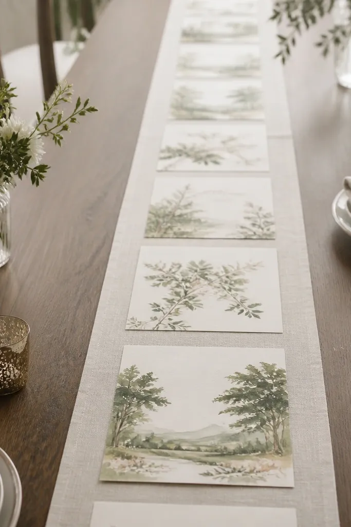 A narrow dining table with a thin fabric runner down the center. Across the runner are printed save-the-date cards laid flat in a long strip, each with matching cream and sage colors.