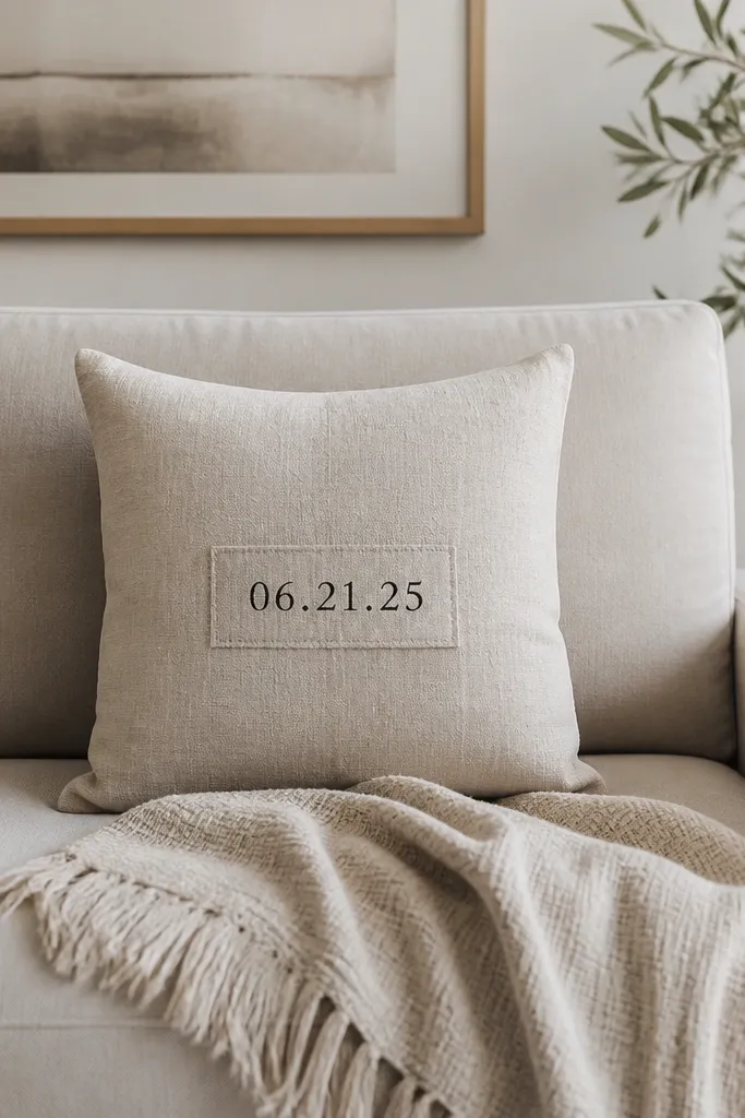 A couch with a neutral throw blanket. One accent pillow has a stitched fabric label with the save-the-date date in black. The pillow sits centered on the couch back.
