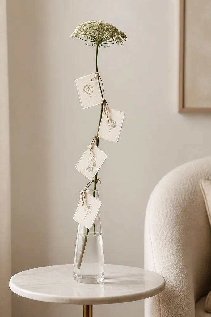 A small side table with a slim vase holding one long stem. Several small date tags are tied to the stem with thin twine, each tag matching the save-the-date card style.