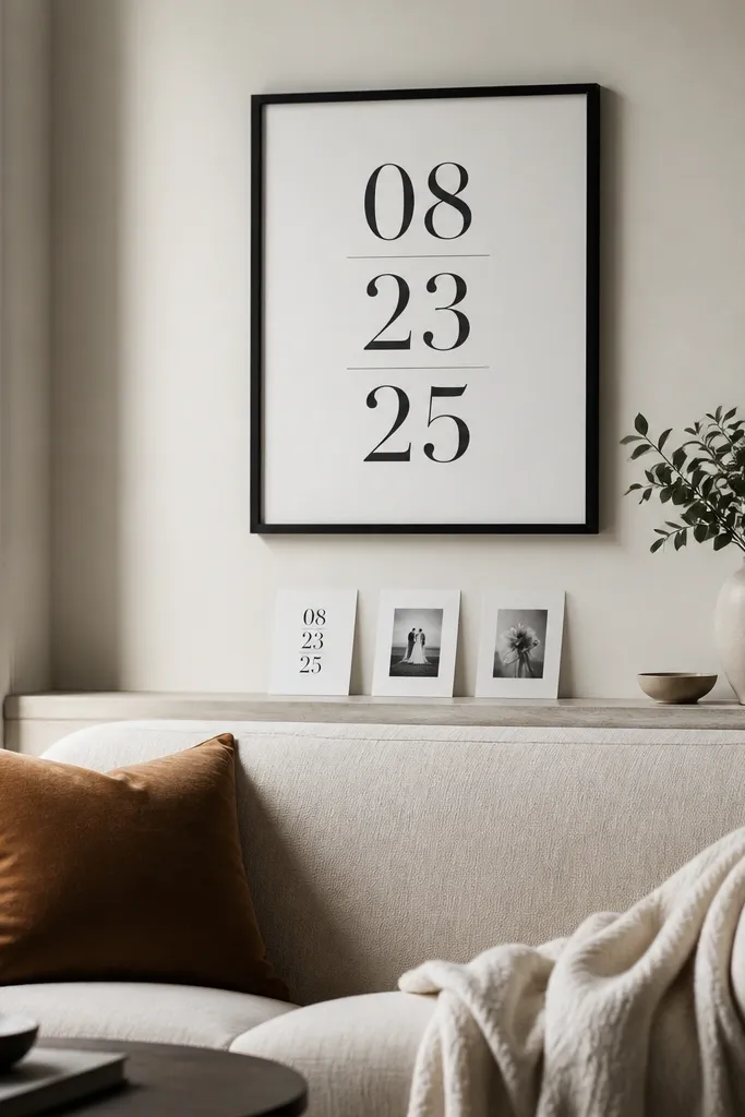 Above a small sofa, a framed monochrome print displays the save-the-date date in large typography. The frame is simple black, and there are a few matching small cards on a ledge below.