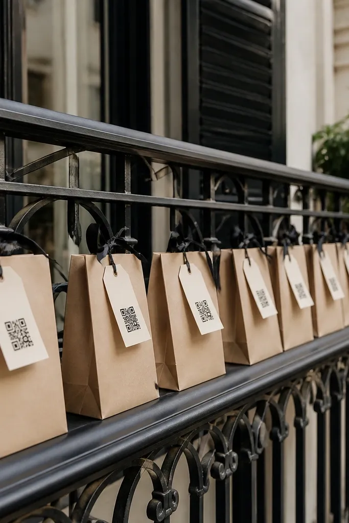 A small apartment railing with a row of small gift bags. Each bag has a tag attached with the date and RSVP QR code. The bags are in matching kraft color with black ribbon ties.
