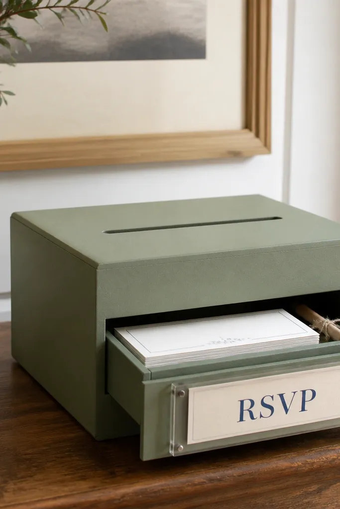 A medium-size shoebox painted matte sage green sits on a hallway console. The top has a narrow slot like a small drawer opening. A clear acrylic label holder slides on a track, showing a cream card with bold navy text. Inside, you see neatly stacked RSVP cards and a small pencil tied with twine.