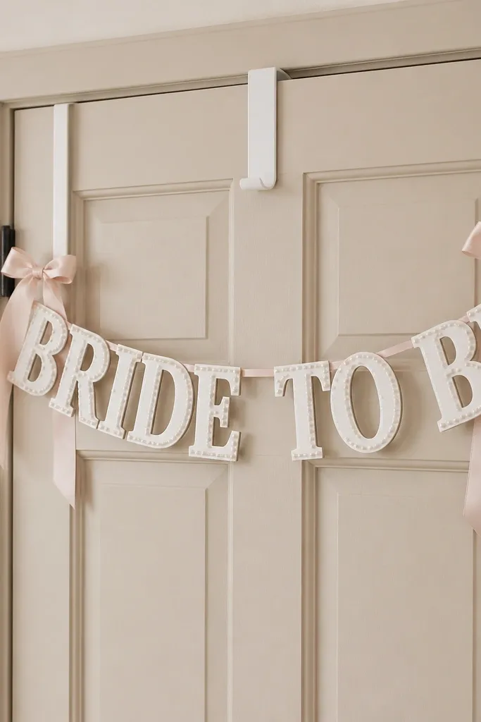 A white over-the-door wreath hanger holds a "Bride To Be" banner made of thick cardstock letters, with blush satin ribbon tied in two loops on either side. The door is in pale beige, and the banner sits at eye height. Small faux pearl dots decorate the letter edges.