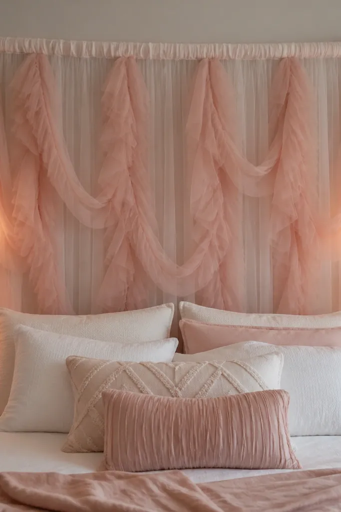 Behind the bed, a white sheer tulle strip runs across a fabric rod, with a second layer of blush tulle ruffles hanging loosely. The backdrop is about 6 feet wide and reaches down to the top of the pillows. Soft warm lamp light makes the tulle glow.