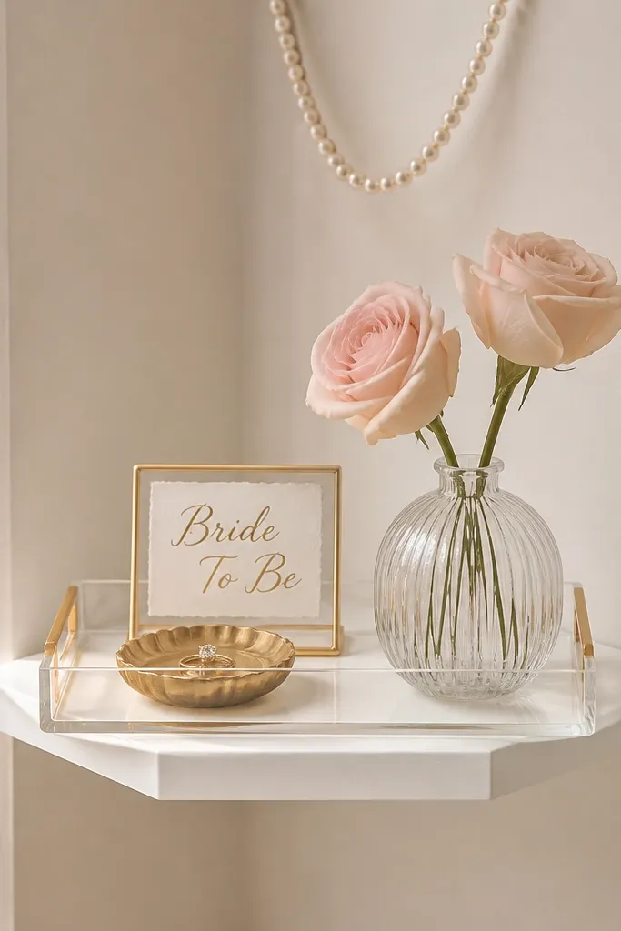 A floating corner shelf holds a small acrylic tray with a gold ring dish, a mini "Bride To Be" sign, and a vase with two blush roses. Above it, a tiny white string of pearls drapes down the wall. The shelf is white and clean, with no clutter.