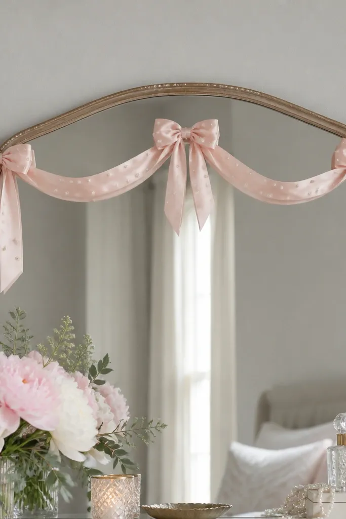 A dresser mirror has a satin ribbon garland draped across the top edge. The ribbon forms a gentle U shape with three bows spaced evenly. The background wall is light gray, and the ribbon is blush with tiny pearl dots.
