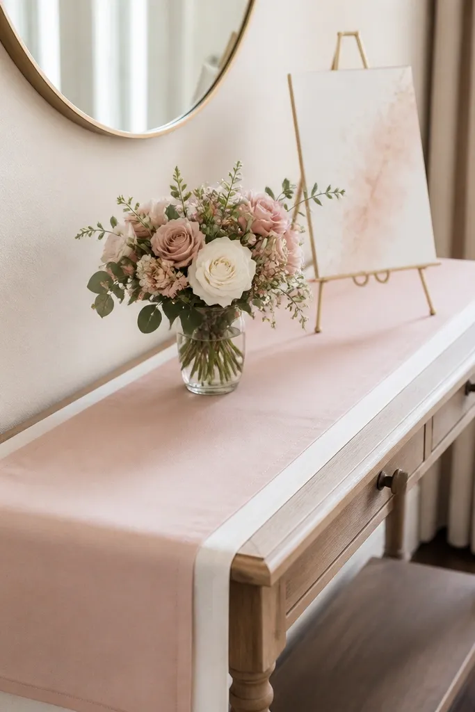 A narrow console table has a white runner laid lengthwise, with a second blush runner stepped on top. A small bouquet sits in the center, and a "Bride To Be" sign stands on a gold easel at the back.