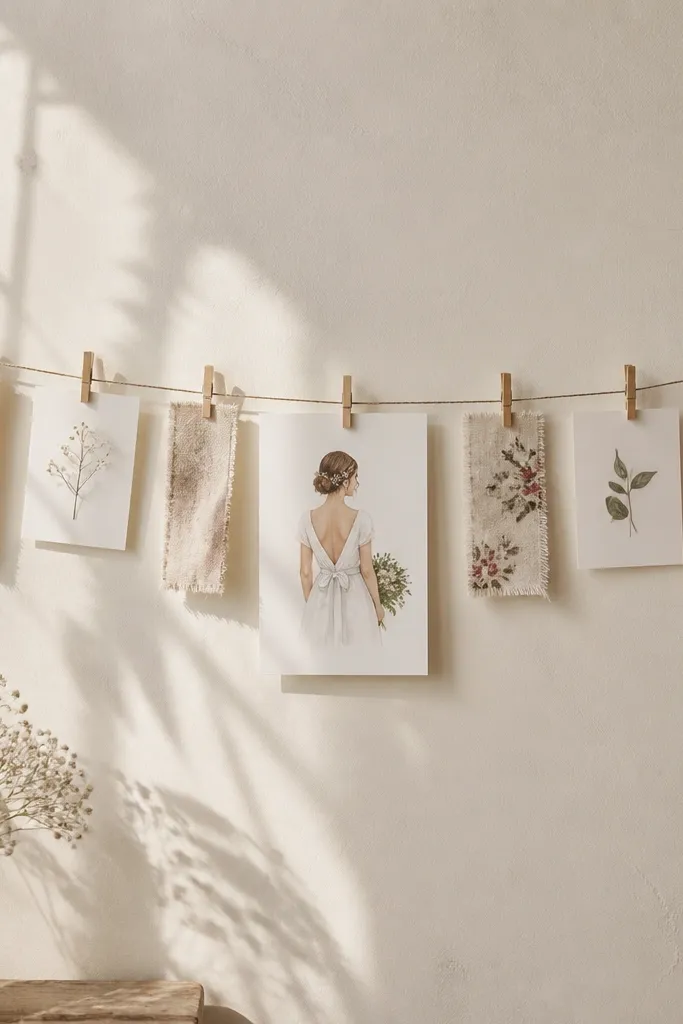 A thin clothesline stretches between two removable hooks on a wall. Small cards and fabric tags hang from mini clothespins, with a central "Bride To Be" card in the middle.