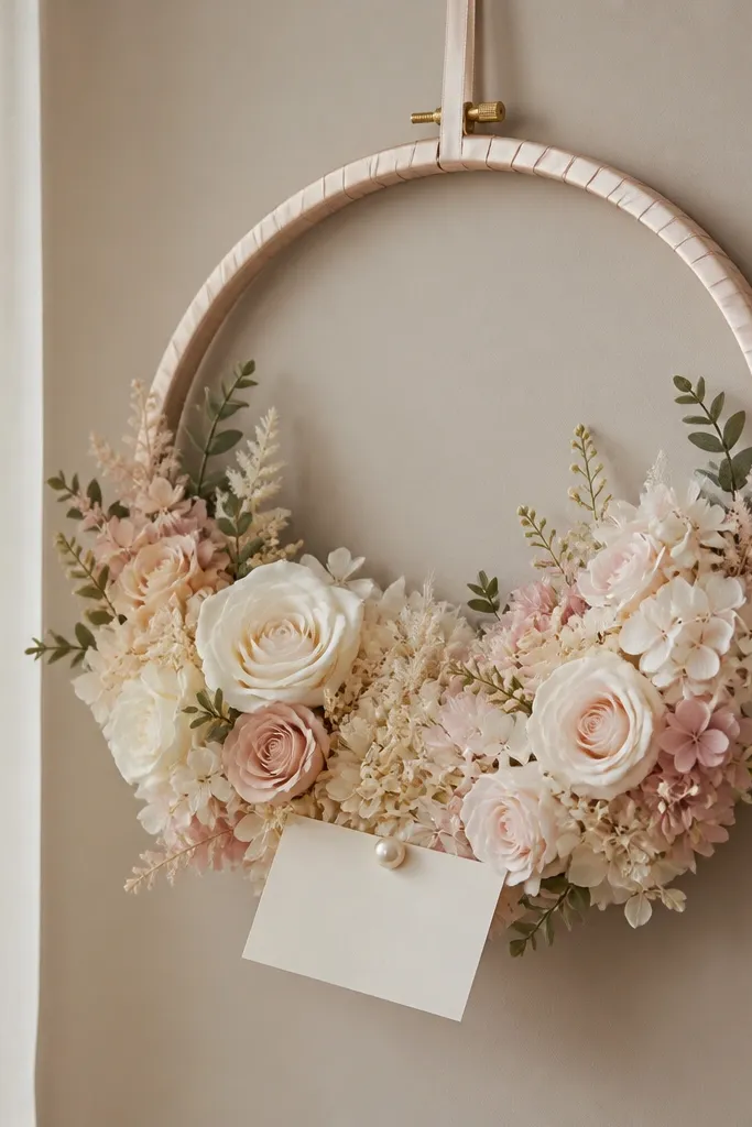 A 12-inch embroidery hoop hangs on the wall, filled with cream and blush faux flowers. A ribbon ring in champagne satin wraps around the hoop edge, and a small "Bride To Be" card is pinned at the bottom.