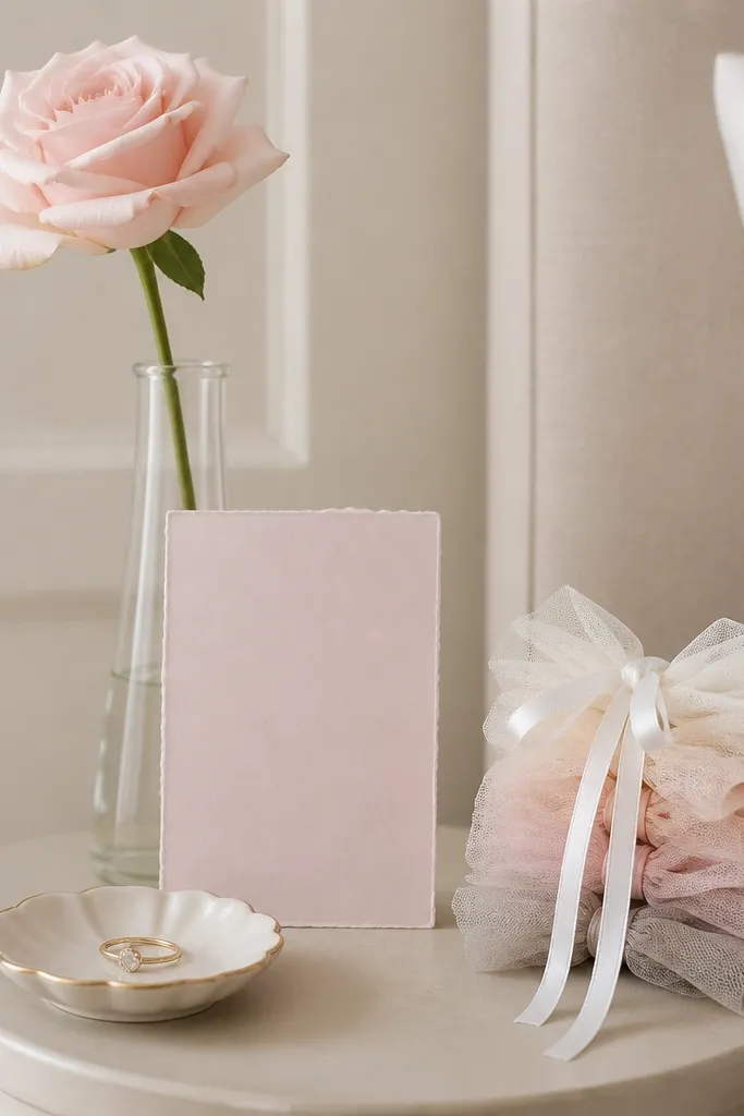 On a small bedside table, there's a slim vase with one blush stem, a ring dish, and a mini tulle bow stack tied with white ribbon. A "Bride To Be" card leans against the vase.