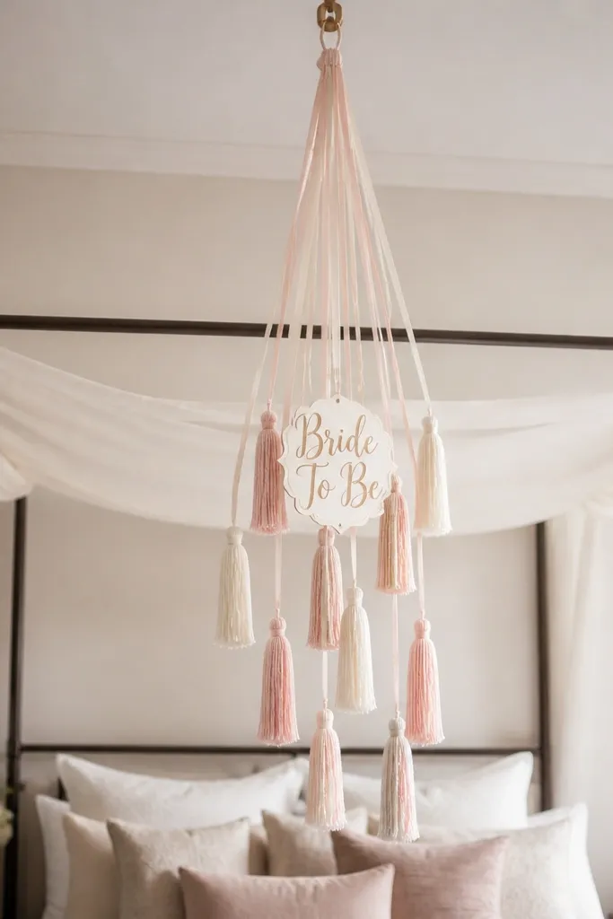 From a hook near the ceiling, several thin tassel strands drop down toward the bed canopy area. The tassels are ivory and blush, and a small "Bride To Be" sign hangs at the center.