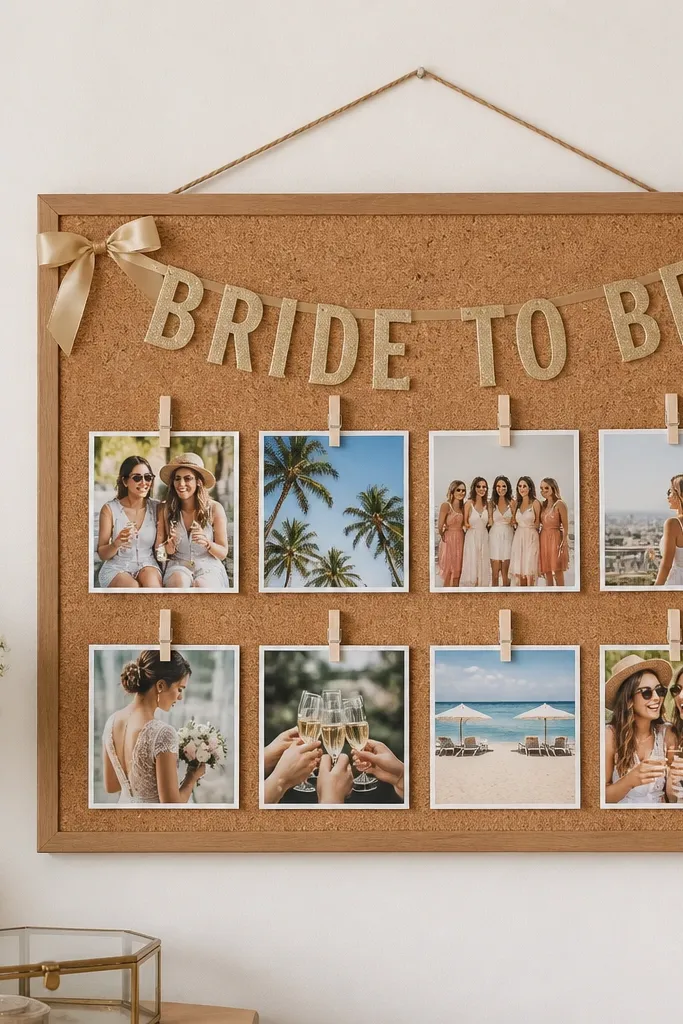 A small cork board hangs on the wall with mini clothespins holding 8 photos. A champagne ribbon banner reads "Bride To Be" across the top, and the cork texture is visible behind the photos.
