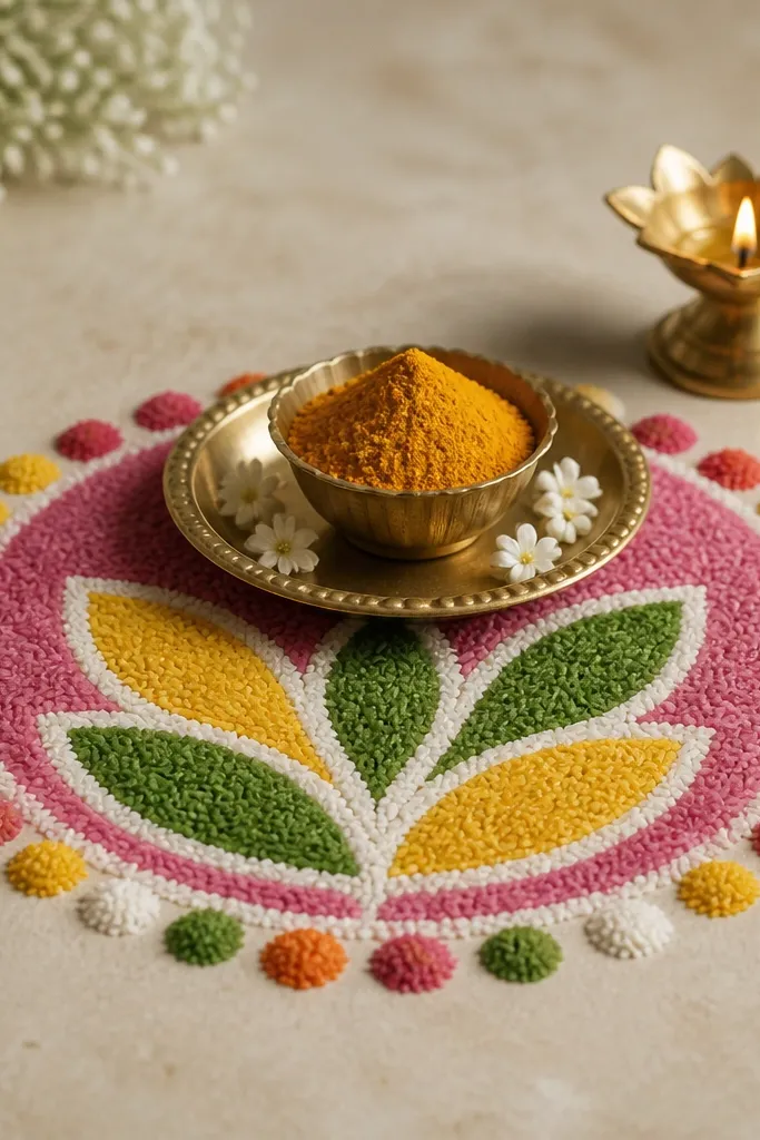 A compact rangoli-style circle made from colored rice surrounds a haldi bowl on a small tray. The rice circle has a simple leaf motif in the center and a dotted outer border. A small brass diya sits slightly behind the tray.