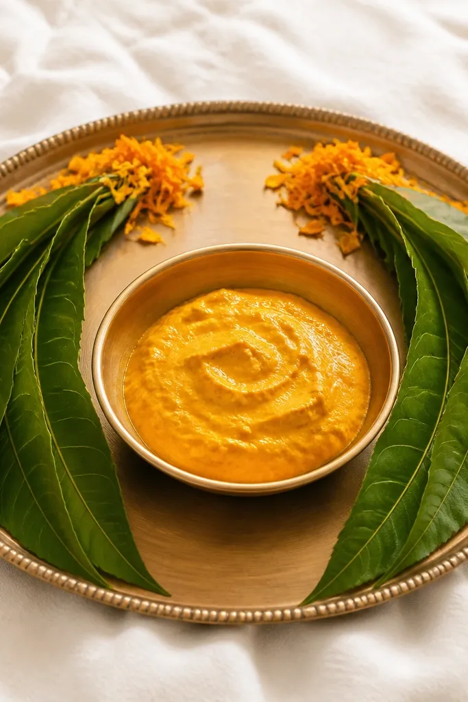 A haldi plate centered on a tray with mango leaves forming two mirrored arches on the left and right. The mango leaves lean inward toward the bowl, and a few marigold petals sit at the top of each arch. A simple white cloth base peeks under the tray.
