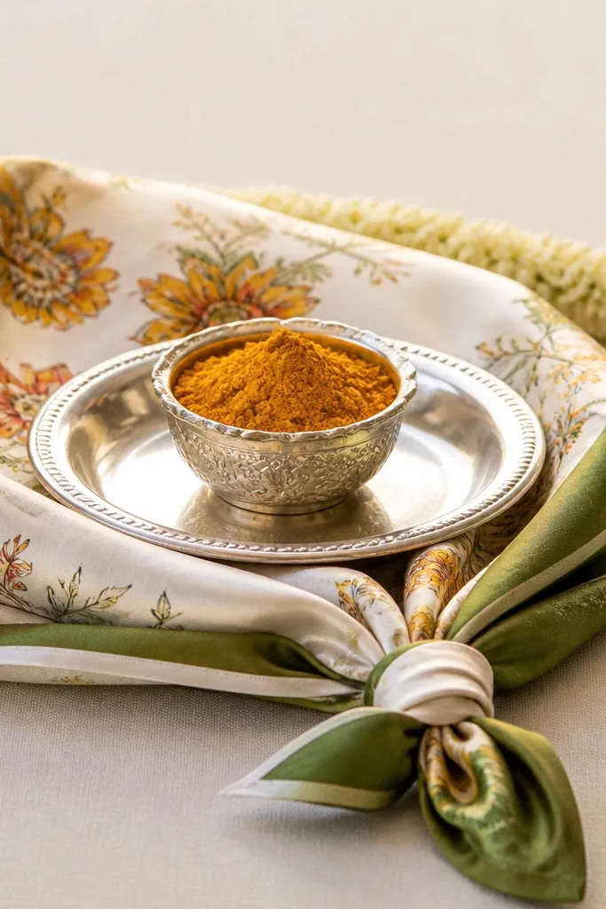 A small haldi tray sits on a table with a printed silk scarf draped under it. A knot is tied at the front corner, and the haldi bowl is centered on a simple silver plate. A thin garland line peeks from behind the tray.