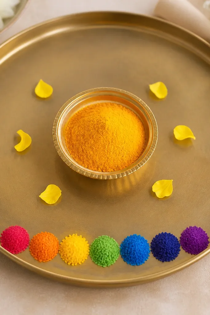 A haldi plate is centered on a tray. Along the front edge of the tray, a straight dot strip made from colored powders or rice forms a rainbow line. The haldi bowl is surrounded by just a few petals, keeping the center clean.