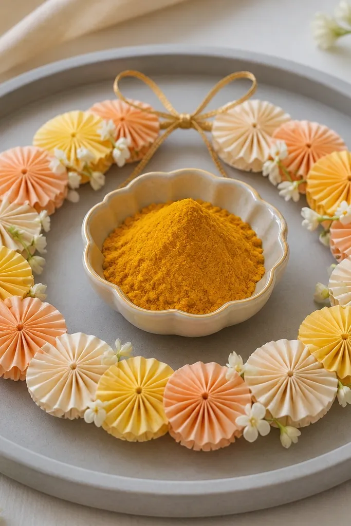 A haldi bowl centered on a light grey tray. Around it is a ring made from small pastel paper rosettes in yellow, peach, and cream. A thin gold ribbon ties the rosette ring together at the back, and a few faux jasmine sprigs peek through.