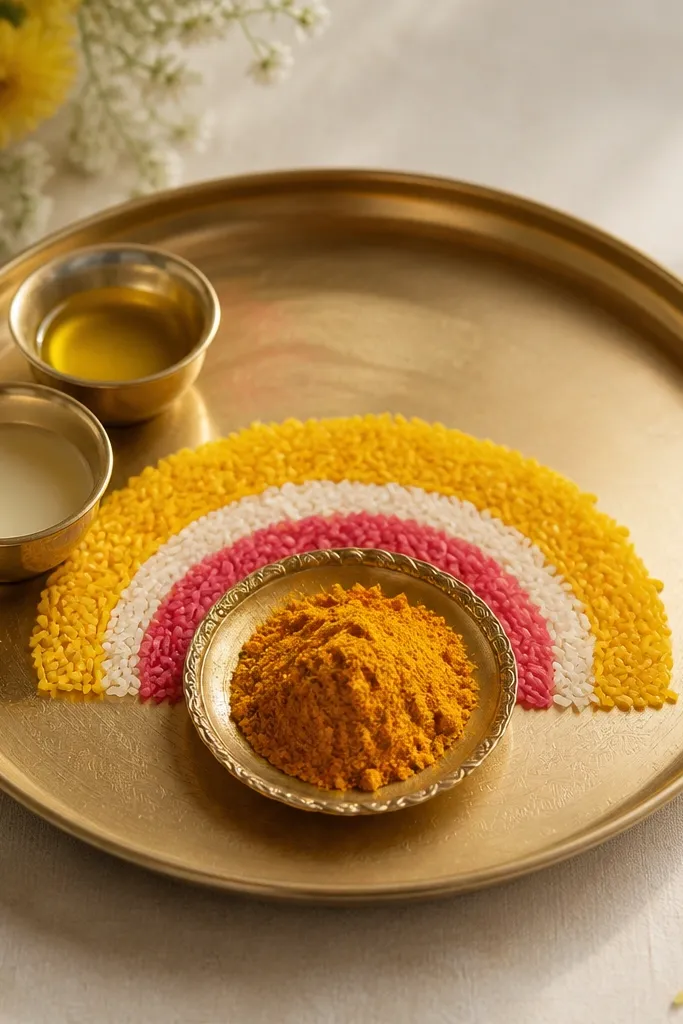 A small haldi plate on a thali base. Colored rice rangoli lines form a partial arc behind the bowl. On one side of the tray, there are two small brass bowls placed close together, and the other side is kept mostly empty.