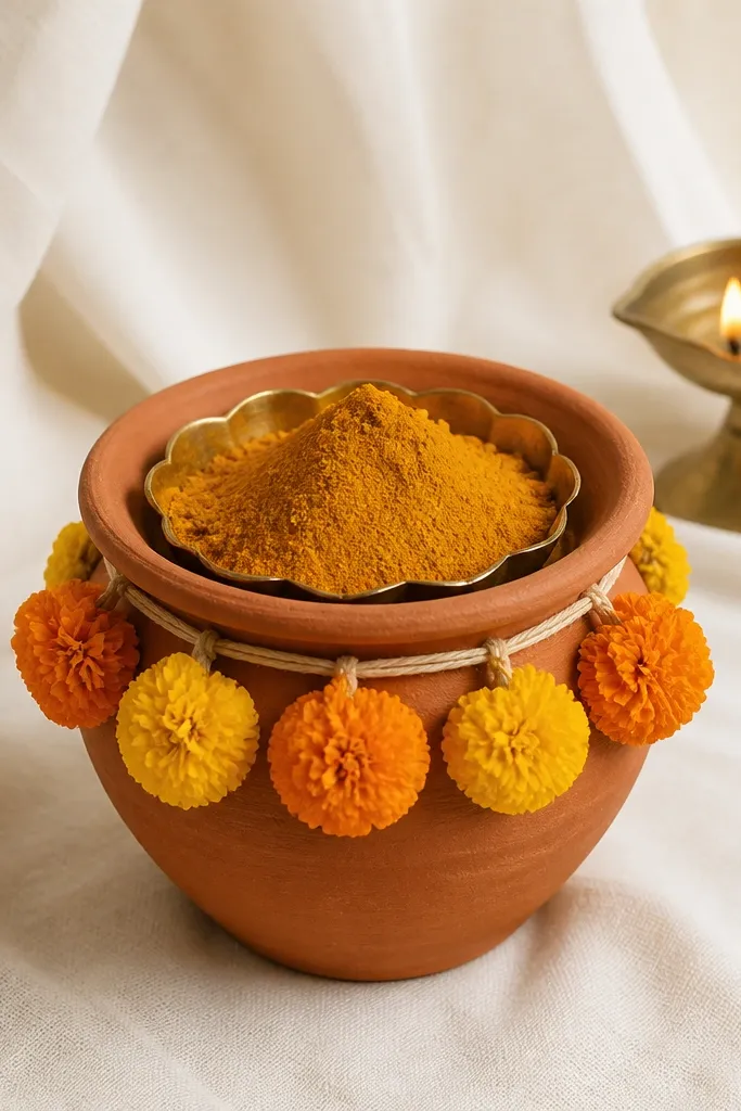 A small terracotta pot holds a haldi bowl inside or on top. Around the pot rim are small marigold pom-poms tied in clusters. The background is a simple cream cloth, and a small brass diya sits behind the pot.