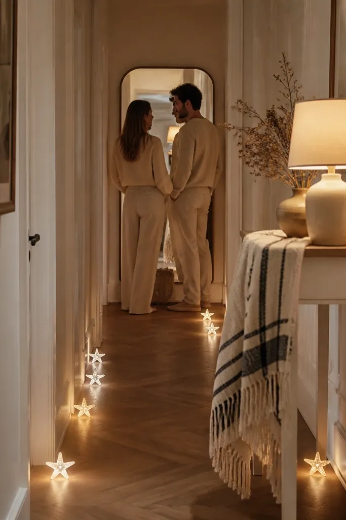 A narrow apartment hallway with two warm lamps creating a gentle glow. Small white starfish-shaped LED lights are placed on the floor edges, and a cream-and-navy throw blanket is draped over a console table. A couple stands at the hallway end near a mirror, wearing soft neutral outfits.