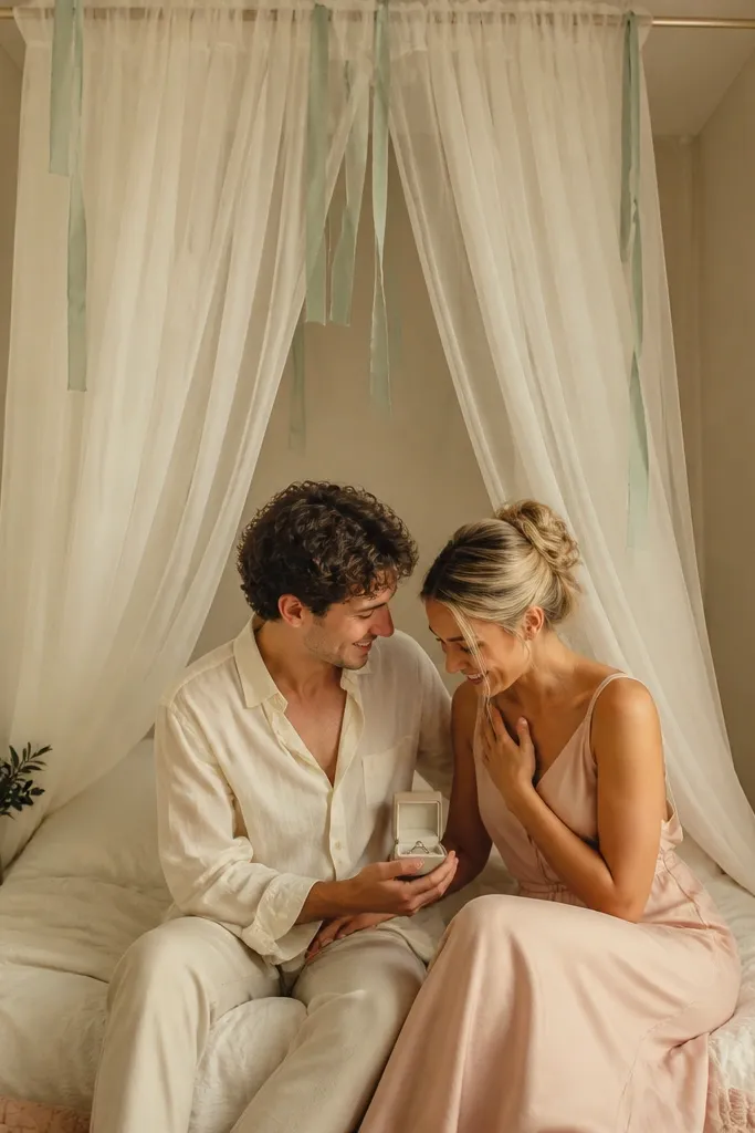 A small bedroom with a bed positioned close to the wall. A gauze canopy in warm white hangs from a tension rod above the bed, with a few strands of sea-glass ribbon. The couple is framed under the canopy, wearing cream and soft blush tones, with the ring box held open in front.