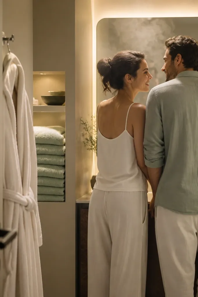 A small bathroom with the door cracked and a warm LED mirror light. A soft white robe hangs from a towel hook, and sea-glass hand towels are folded neatly on a shelf. The couple stands by the mirror with a light mist visible in the air, wearing white and pale green tones.