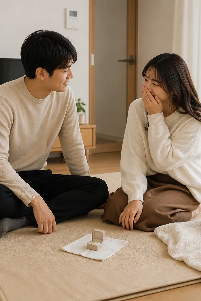 A small apartment living room floor with a folded picnic mat in sand beige. A single white knit throw covers part of it, and a low wicker basket sits at the edge. The couple sits on the mat, and a ring box rests on a napkin near the center.
