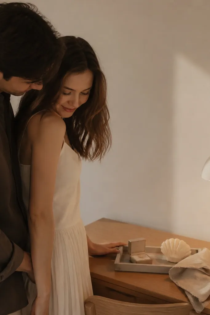 A tiny desk in an apartment with a clean white lamp. On the desk is a small tray with a ring box, a seashell candle, and a folded linen cloth in sand beige. The couple stands close to the desk, lit by warm light.