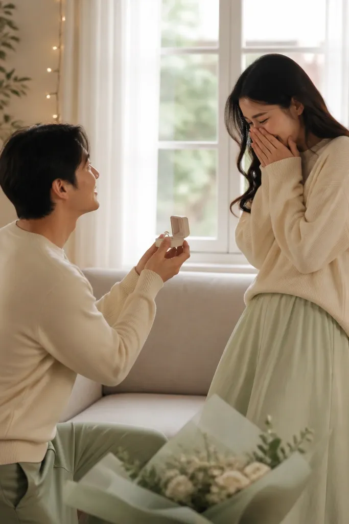 A small living room with a window behind the couple. A bouquet wrapped in sea-glass sheer paper sits in the foreground, and the couple is framed by warm string lights. The ring box is held in the other hand, and the outfits match in cream and soft green.