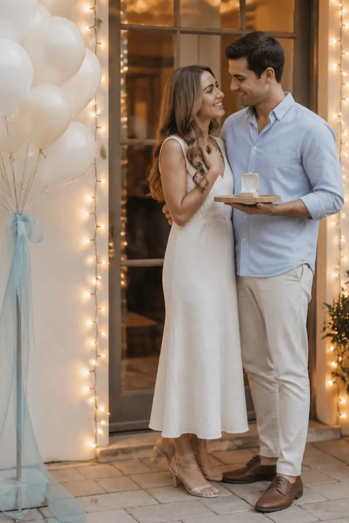 A small patio door area with a cluster of warm white balloons tied to a small stand. A sea-glass ribbon wraps the stand, and soft warm string lights hang around the door frame. The couple stands near the door, wearing cream and pale blue, with the ring box in a small tray.