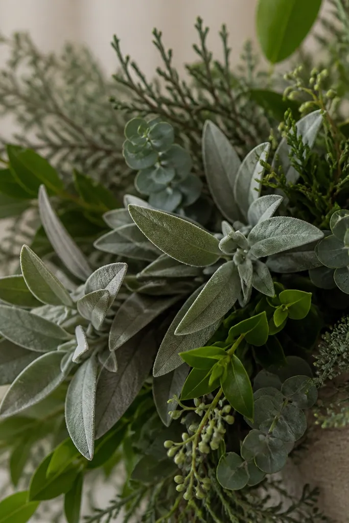 Close-up of mixed greenery and sage decor where some pieces look gray-green and others look fresh, creating uneven color tones.