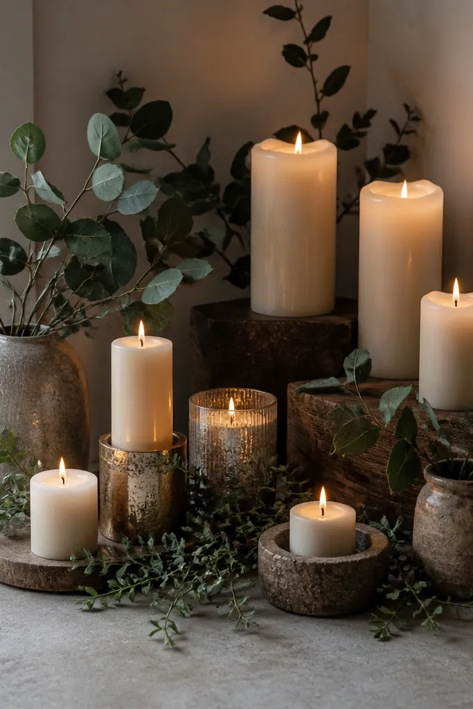 A small corner decorated with candles of different heights and sizes, some on uneven surfaces, with greenery scattered around them.