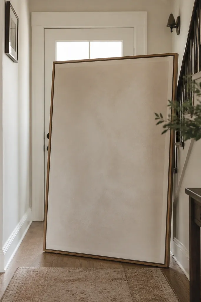 A large framed sign leaning in a small hallway area, blocking sightlines and making the entry feel cramped.