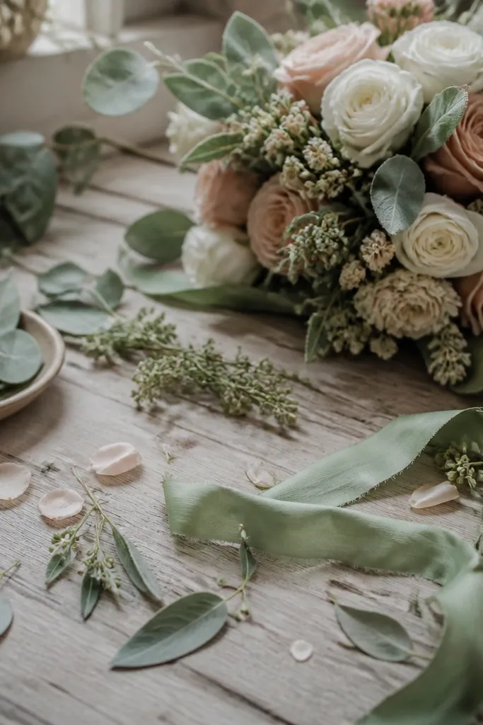 Small table with scattered sage petals, extra greenery pieces, and loose ribbon ends creating a cluttered surface.